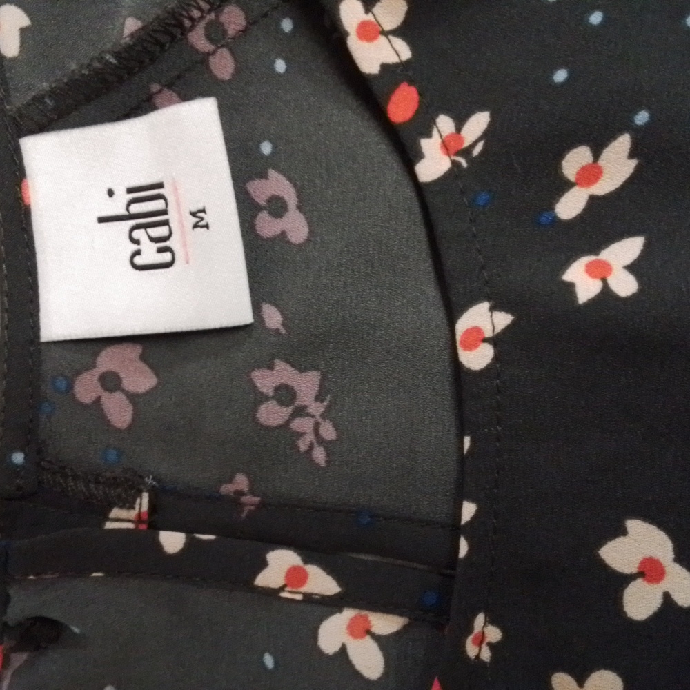 Cabi dress, medium, short sleeves, flowers, black, polyester, machine washable.